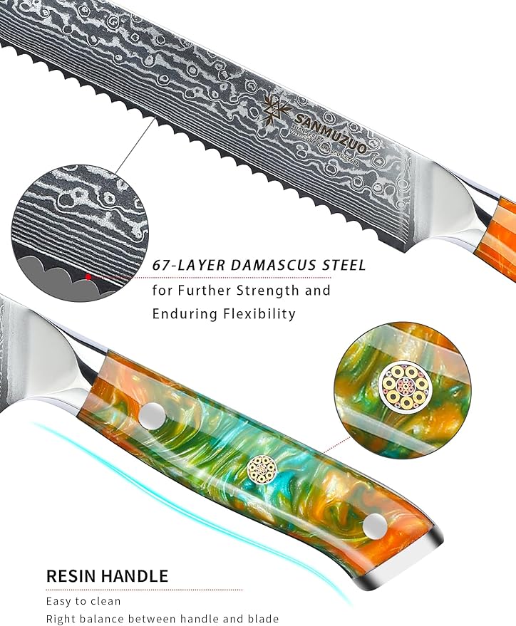 8” Bread Knife Serrated Kitchen Chef Knife - Damascus Steel & Resin Handle - Xuan Series(Fantasy Orange)