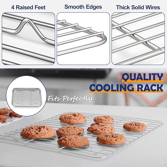 9 Inch Baking Sheet Pan with Rack Set, Joyfair Stainless Steel Toaster Oven Pans Tray & Cooling Racks for Cookie/Jelly Roll/Bacon/Meat, Commercial Metal & Rust-free, Dishwasher Safe