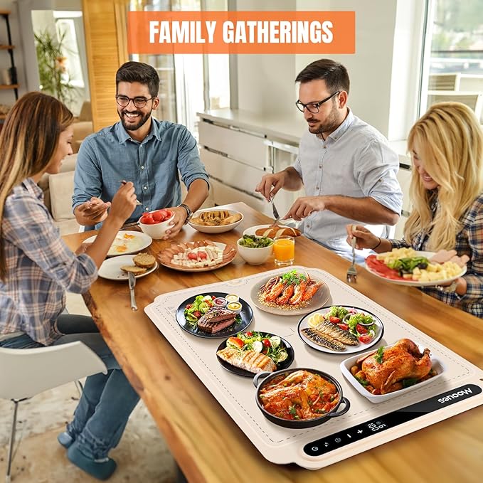Electric Warming Tray, Portable Silicone Food Warming Mat, Versatile Full Surface Heating Food Warmer with 7 Level Temperature and 6 Hours Timer (White)