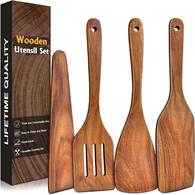 4Pcs Wooden Spatula for Cooking, Acacia Wooden Spatula for Kitchen Use, Nonstick Cookware Safe Utensils Set including Turner, Slotted Turner, Paddle and Scraper, Ideal Cooking Utensils Gift Set