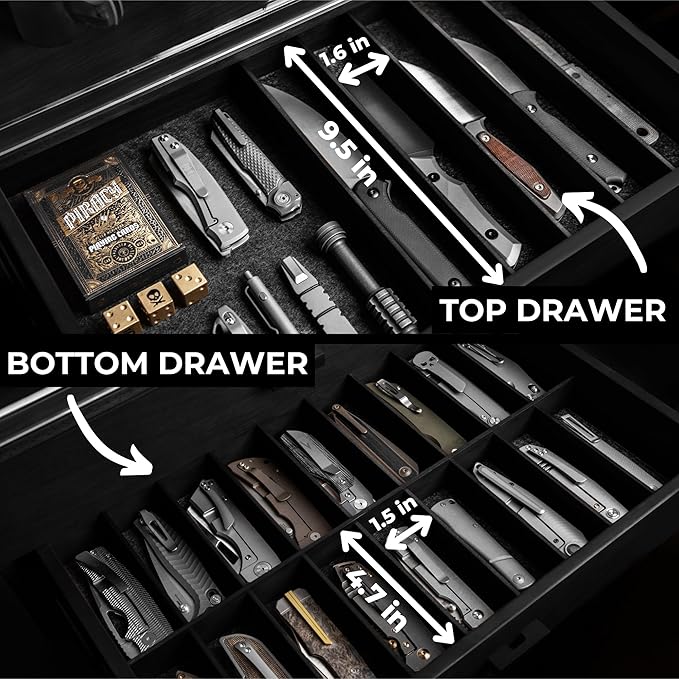 Premium Pocket Knife Display Case for 50 Knives - Extra Large Wooden Knife Organizer, Storage & Holder with Unique Pillars, 2 Drawers - Knife Collection Box - Handcrafted for Men