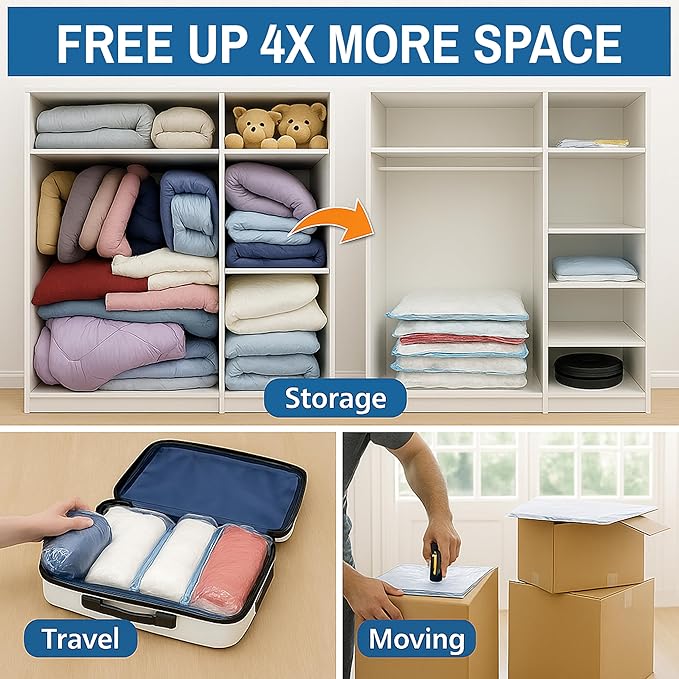 Hanging Vacuum Storage Bags for Clothes & Coats – 8 Pack (4 Small & 4 Large) Vacuum Seal Garment Bags for Hanging Storage – Space Saving Compression Bags for Clothing, Jackets – Transparent