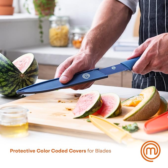 MasterChef Kitchen Knife Set with Covers incl. Paring, Boning, Carving, Bread, Santoku & Chef Knife, Sharp Cutting Stainless Steel Blades with Sheaths, 12 Piece (6 Colored Kitchen Knives & 6 Covers)