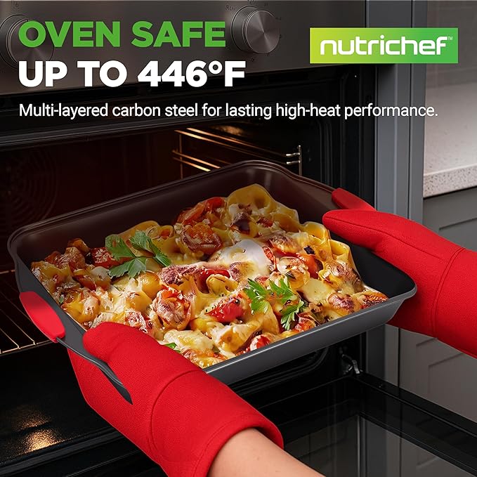 NutriChef 10‑Piece Non‑Stick Bakeware Set – Premium Carbon Steel Baking Pans Set with Silicone Handles – Oven & Dishwasher Safe – Complete Baking Sheet Set for Cookies, Muffins, Loaf, Pizza