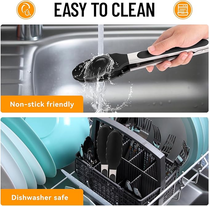 Hotec Silicone Kitchen Tongs for Cooking 9-Inch Serving Tongs with Silicone Tips, Set of 3 (Black)