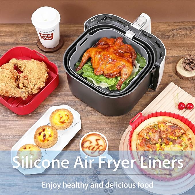 Air Fryer Silicone Liners, Pot 2 Pcs Reusable Non-Stick Air Fryer Basket Bowl Fit 3-6QT Air fryer Baking Replacement of Flammable Parchment Paper(Square, 7.5 Inch)