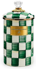 MACKENZIE-CHILDS Large Enamel Canister, Kitchen Storage Container with Lid, Green-and-White Emerald Check