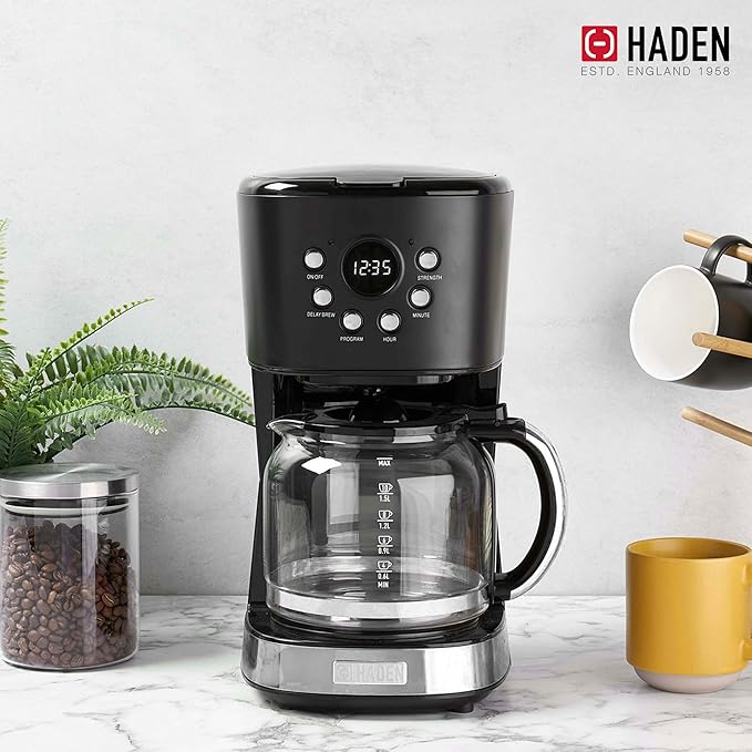 HADEN Coffee Machine, 12 Cup Drip Coffee Maker Bundled with Heritage 1.7 Liter Stainless Steel Electric Kettle, Black & Chrome