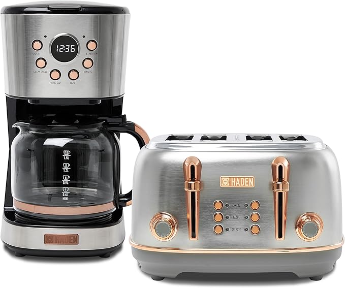 Haden Heritage 4 Slice Wide Slot Stainless Steel Toaster Bundled with 12 Cup Programmable Drip Coffee Maker Coffee Machine, Steel & Copper