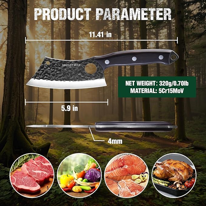 Mossy Oak Meat Cleaver Knife, Butcher Knife with Genuine Leather Sheath, Hand Forged Kitchen Knife Full Tang Handle for Meat and Vegetable Cutting, Outdoor Cooking and Camping