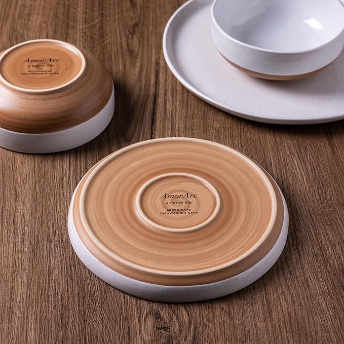 AmorArc Ceramic Dinnerware Sets for 8, 24 Pieces Handpainted Plates and Bowls Set with Rustic Terracotta Underside, Scratch Resistant Stoneware Dishes Set, Dishwasher & Microwave Safe, White