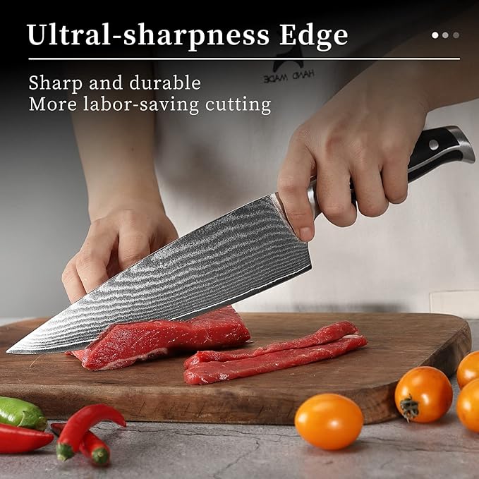 Damascus Kitchen Knife Set with Block - Razor Sharp 67-Layer VG10 Steel, Triple Rivet Handles, Chef, Santoku, Utility, Bread & Paring Knives, Sharpener, Shears, Grey, 9 Pcs