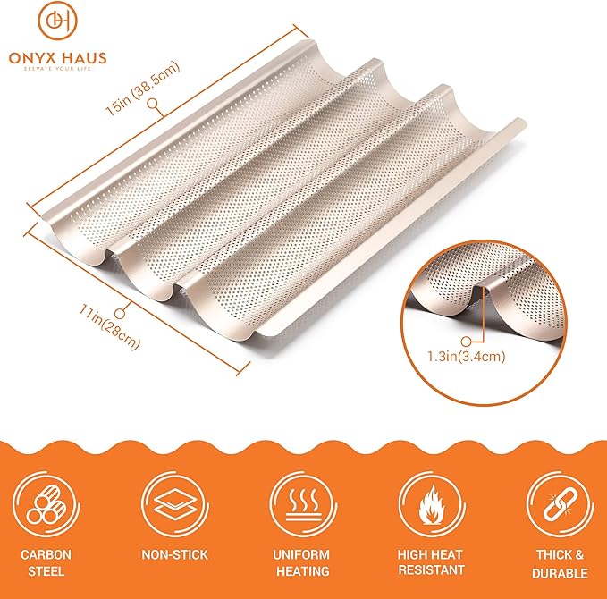 French Bread Kit - Baguette Pan for Baking, Silicone Baking Mat, Dough Cutter and Scraper, Bread Lame Cutter, & Bakers Couche Proofing Cloth - Nonstick Bread Pans for Homemade Bread Gift Set
