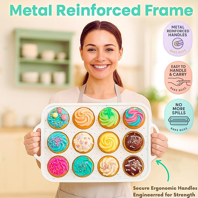 2 Pack Regular Muffin Pan - 12 Cup Silicone Muffin Pan for Baking with Metal Reinforced Frame - Regular Size Cupcake Pan, BPA Free Silicone Muffin Tray - Oven & Dishwasher Safe - Cream