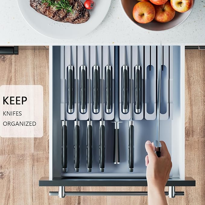 Domax Bamboo In-drawer Knife Block - Knife Drawer Organizer Insert Large Handle Steak Knife Holder, Kitchen Drawer Knife Organizer Fits for 16 knives and 1 Sharpening Steel (Not Included), Gray