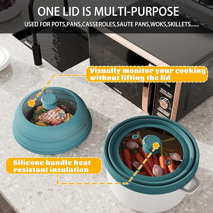 Collapsible Microwave Splatter Cover - Vented Silicone & Glass Lid with Easy-Grip Handle, Fits 6 to 8 Inch Plates & Bowls, 9 Inch Diameter, Prevents Splatters & Ensures Even Heating