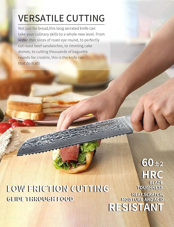 8” Bread Knife Serrated Kitchen Chef Knife - Damascus Steel & Resin Handle - Xuan Series (Sunset Red)