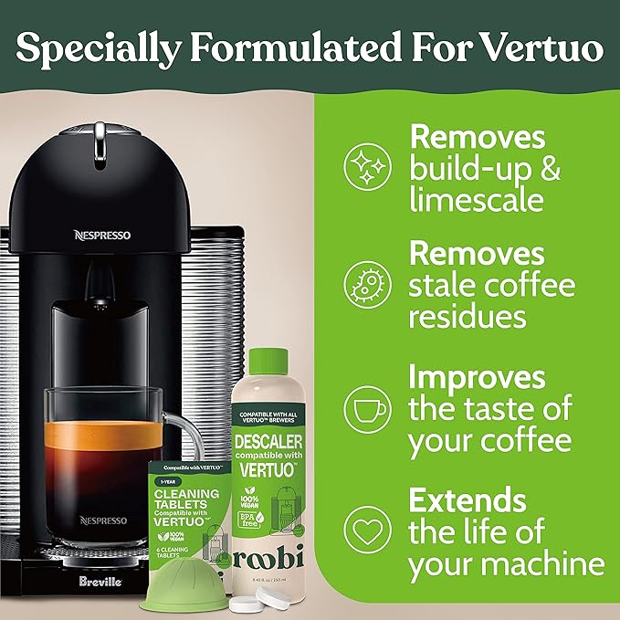 Roobi Nespresso Compatible Vertuo Cleaning & Descaling Kit. Includes 1 Bottle of Descaling Solution, 6 Cleaning Tablets and 1 Reusable Pod. Carbon Neutral Vertuoline Maintenance Kit. 6 Month Supply.