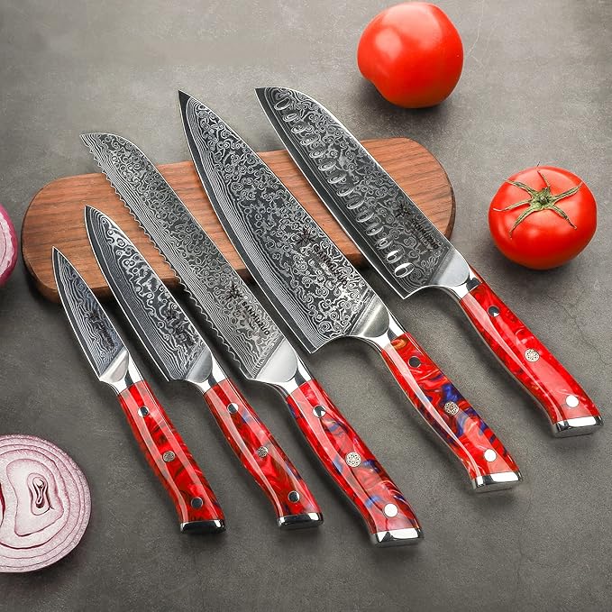 Chef Cooking Knives Set- Kitchen Knife Set of 5 Piece - Ultra-Sharp VG10 Damascus Steel & Resin Handle - Xuan Series (Sunset Red)