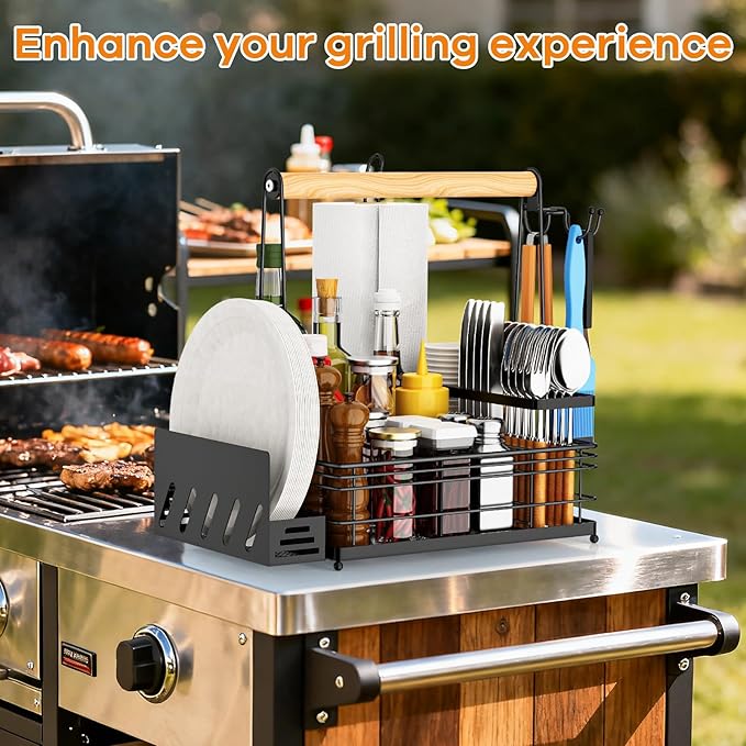 Grill Caddy, BBQ Caddy with Paper Towel Holder & Utensil Holder, Picnic Caddy Organizer for Outdoor Cooking, Tailgating, Camping | Must-Have for Patio, RV, Camper