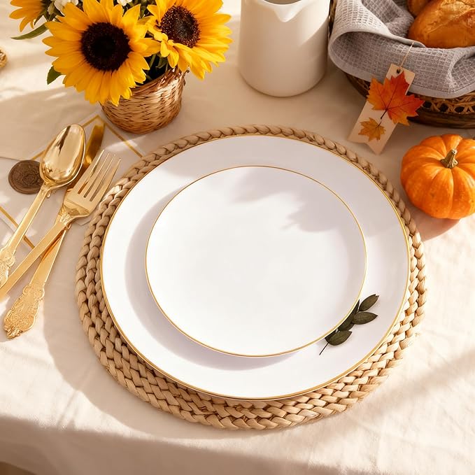 KIRE 100PCS Disposable Plates - White with Gold Rim for Thanksgiving Party/Wedding - Includes 50Pieces 10.25inch Dinner and 50Pieces 7.5inch Dessert/Salad Plates