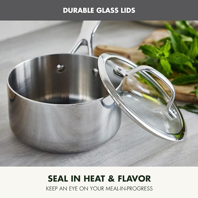 GreenPan Valencia Tri-Ply Stainless Steel 10 Piece Cookware Set, Induction Ready Pots & Pans, Mirror Finish, Dishwasher Safe & Oven/Broiler Safe to 600F, Compatible with All Cooktops, Silver