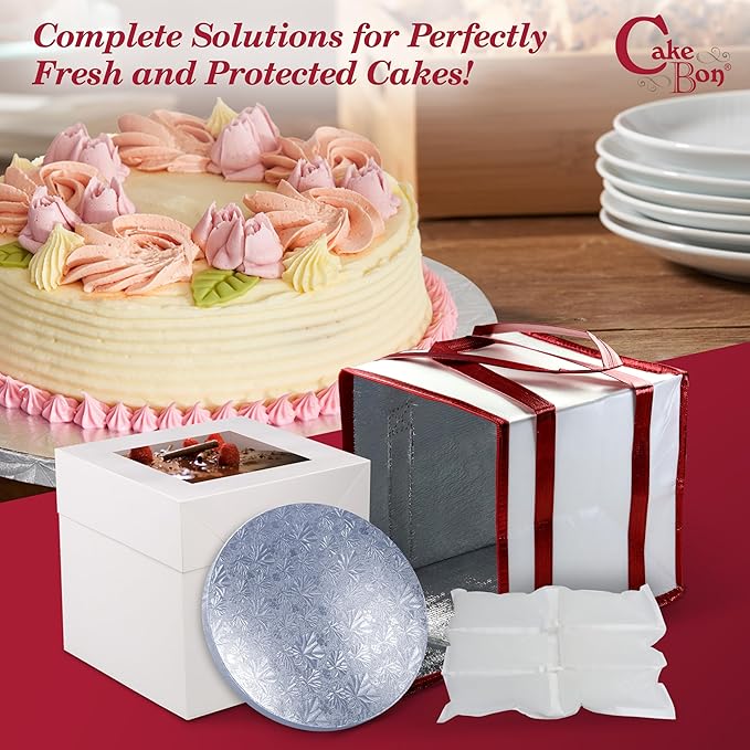 Cakebon Cake Box and Boards, 10-Inch Round Silver Smooth Edges 1/2- Inch Thick Drums with Insulated Bag and Ice Pack – Cake Transport Set, Cooler for Cake Delivery and Transport (1pc Each, 4pcs Total)