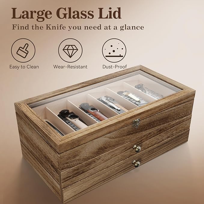 Knife Display Case, 3-Layer Pocket Knife Case Display & Storage Knives, Solid Wood Knife Case for Collections, Gift for Boyfriend Fathers Day Birthday Gifts(Brown)