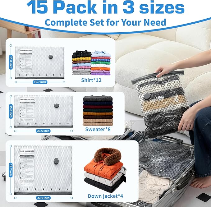 Vacuum Storage Bags for Travel with Portable Pump, 15PCS Reusable Compression Bags for Clothes Luggage Bedding, Space Saver Bags for Travel & Home Organization, 3-Size Set (S/M/L)