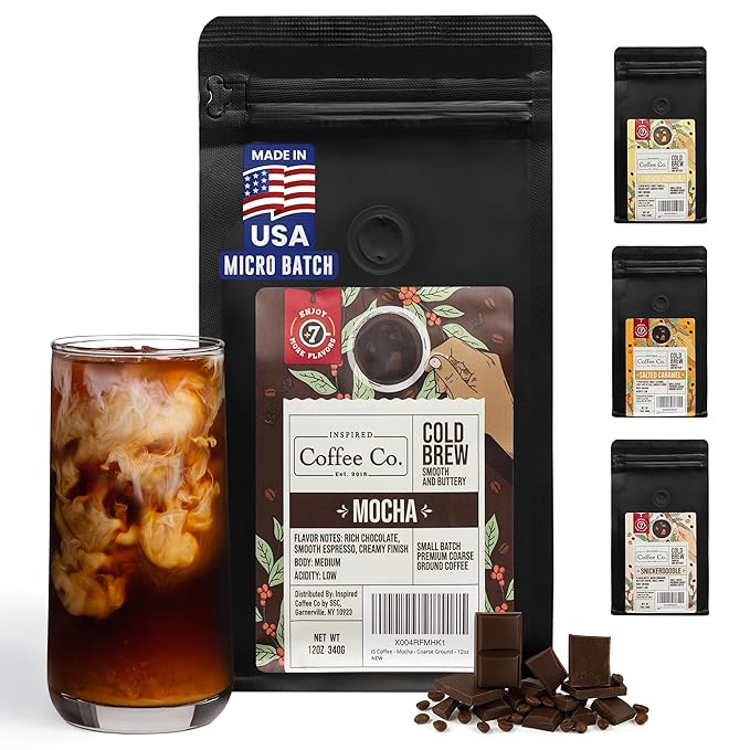 Inspired Coffee Co Mocha Flavored Cold Brew Coffee Coarse Ground Coffee Beans Medium Roast - Low Acid Coffee Smoother Taste - 100% Arabica - 12 oz. Resealable Bag
