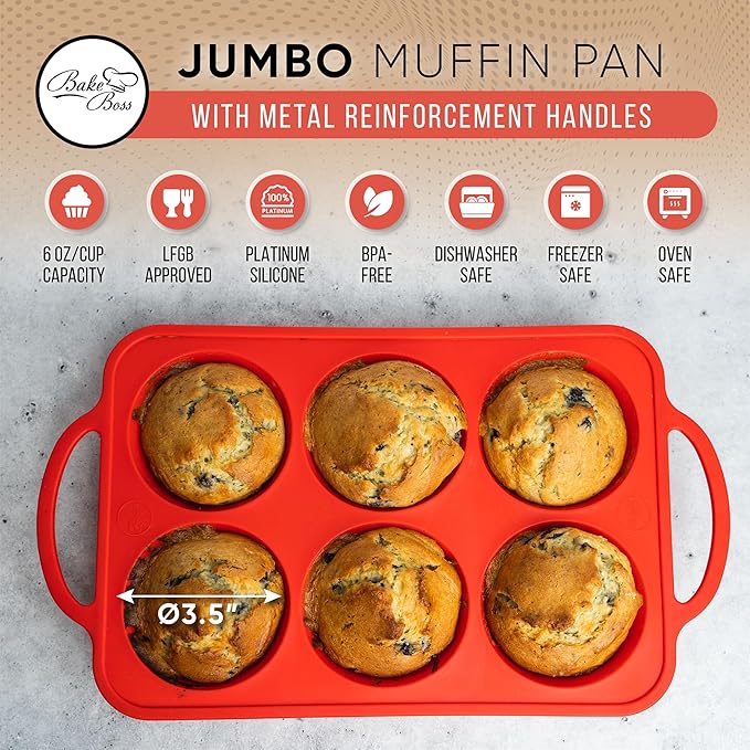 [2 PACK] Jumbo Muffin Pan, 3.5" Large Muffin Pan 6 Cup - Silicone Jumbo Muffin Tin for Baking BPA Free Non Stick - RED
