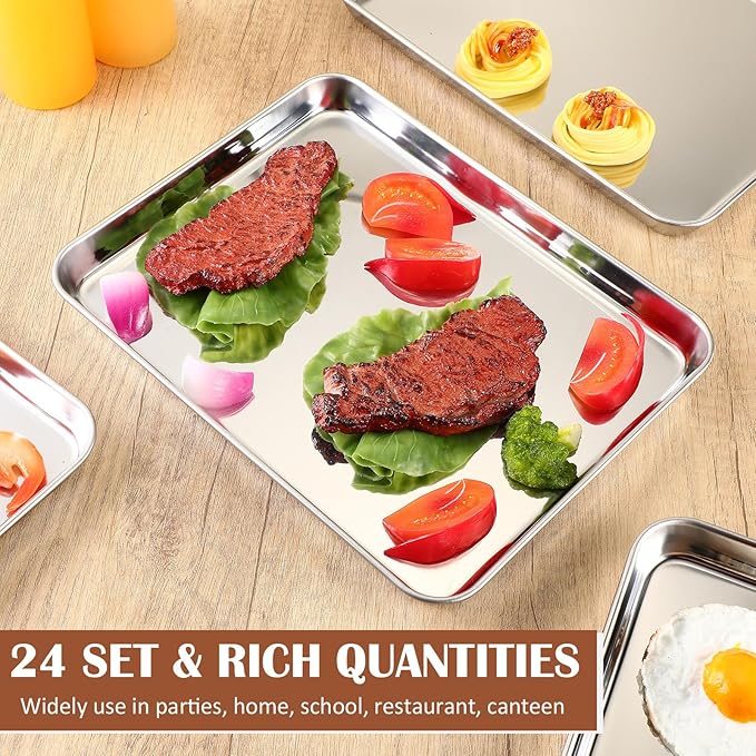 meekoo 24 Pcs Baking Sheet Pan Cookie Sheet Set for Oven Stainless Steel Trays Nonstick Small Serving Tray Cake Toaster Metal Food Trays, Oven and Dishwasher Safe(12 x 9.5 x 1 Inch)