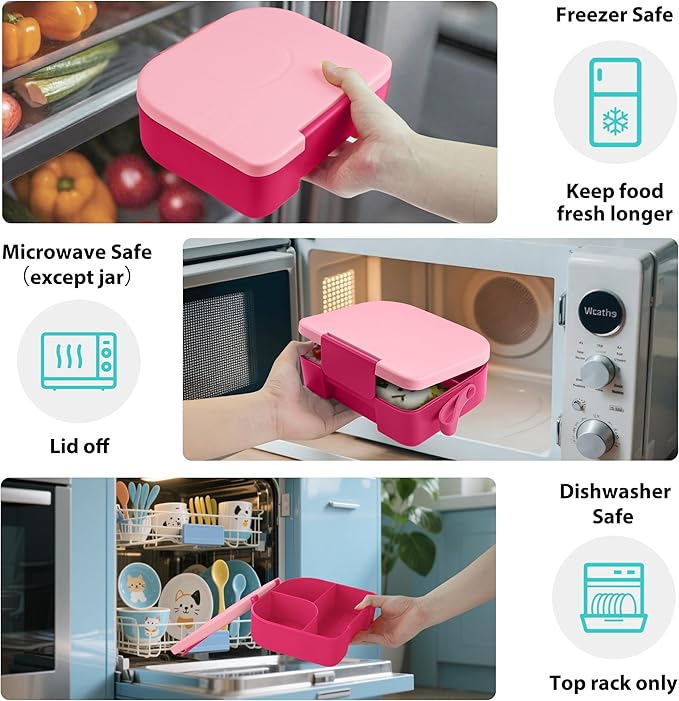 TinyPalsa Bento Box for Kids with 10oz Thermos, Durable Lunch Box with Leak Proof Insulated Food Jar, 3 Compartments with Portable Handle for Ages 3+, Dishwasher Safe, Ideal for School, Travel (Pink)