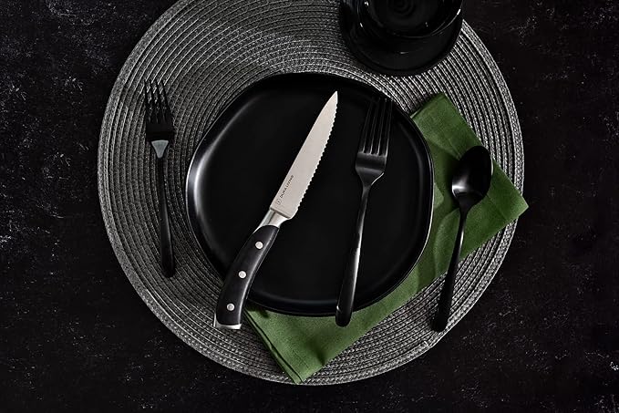 DURA LIVING 4-Piece Serrated Kitchen Steak Knife Set – Forged High Carbon Stainless Steel, Ultra Sharp, Ergonomic Black Handles, Durable Dinner Knives, Black Handle