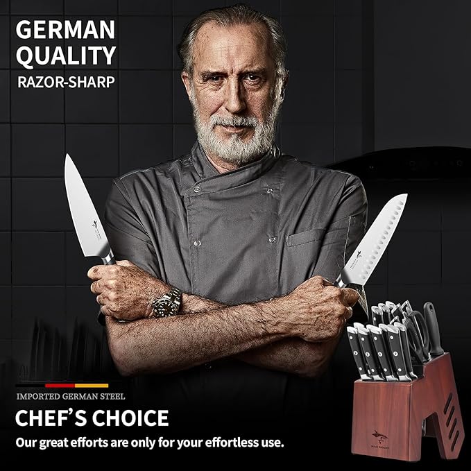 MAD SHARK Knife Set, 17 Pieces Kitchen Chef Knife Set with Block, Precision Forged High Carbon Stainless Steel Ultra Sharp Knives Block Sets, Home Cooking Perfect Cutlery Set Gift Box