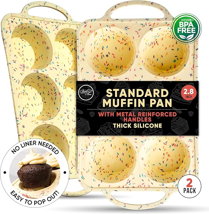 2 Pack Confetti Regular Size 6 Cup Silicone Muffin Pans for Baking, Non-Stick Silicone Cupcake Pans for Baking,Easy-Release, Metal Handles, Dishwasher Safe & BPA Free - Confetti Color