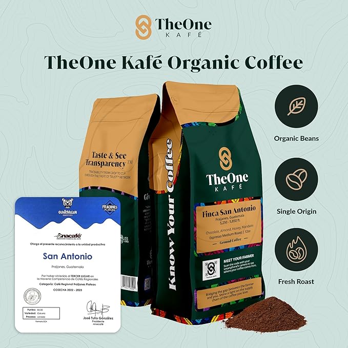 TheOne Kafé Guatemala Medium Roast Ground Coffee – Organic, Single Origin, Premium Specialty Coffee, Ethically Sourced, Smooth & Rich Flavor – Fresh Roasted for Espresso, Drip, Pour Over – 12 oz