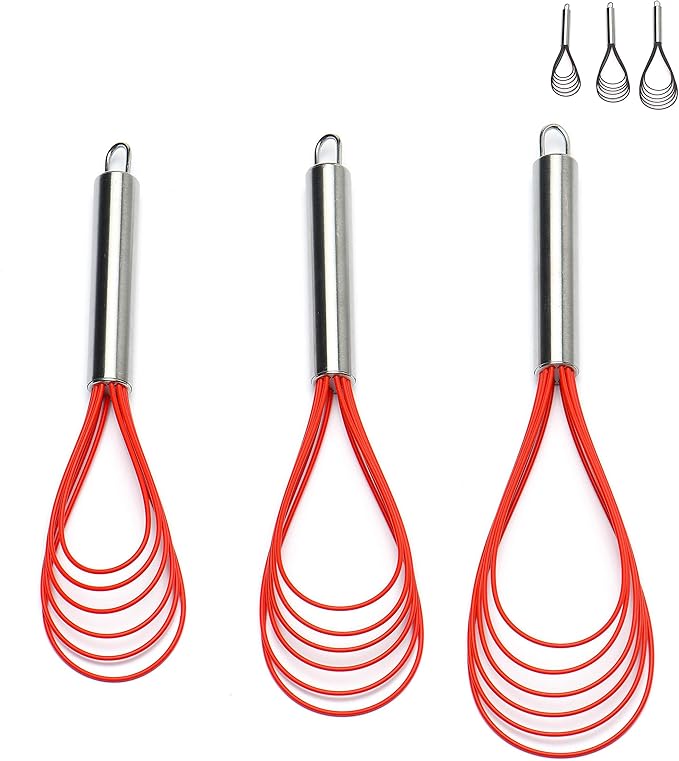 Flat Whisk Set,Stainless Steel 3 Pack 10''+11''+12'' Premium Sturdy-6 Silicone Heads Non Stick Wires Whisk for Blending Beating Stirring Kitchen Cooking Color Red by Jell-Cell