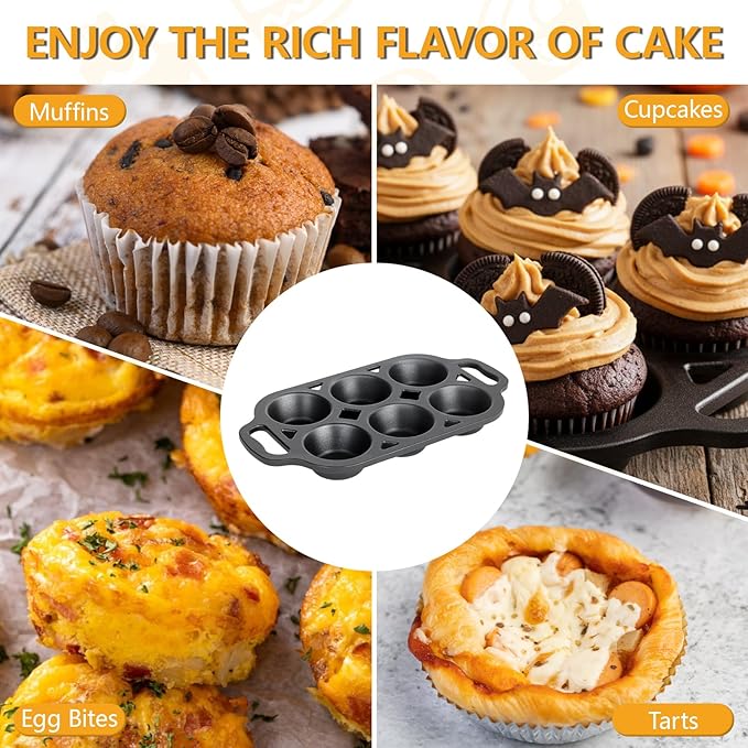 6 Cup Cast Iron Muffin Pan - Pre-Seasoned Nonstick Muffin Tin, Regular Size Cupcake Baking Pan