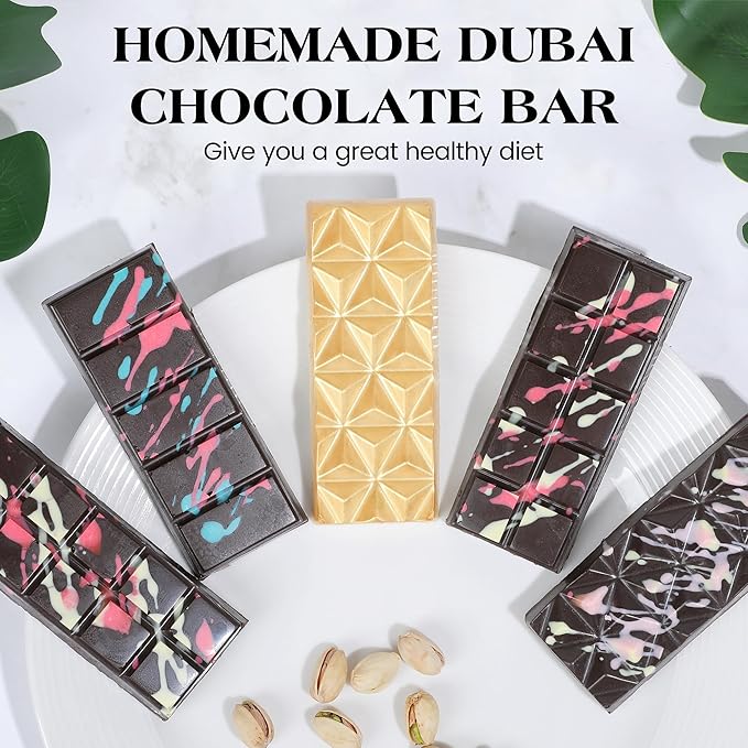 2 Pcs Chocolate Bar Mold Deep Dubai Stuffed Silicone Molds for Filling Knafeh Pistachio Chocolate Bar and Wax Melts Rectangle Thick Candy Bar Molds Break Apart (10 Snap）