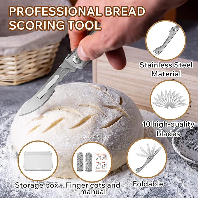 Bread Lame Dough Scoring Tool – Multi-Purpose Scoring Knife, Folding Bread Scorer Tool for Sourdough & Bread Baking with 10 Bread Razor Blades （Grey）