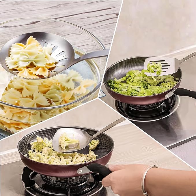 FJNATINH Wok Spatula and Ladle Skimmer Spoon - Stainless Steel Cooking Utensils Set of 3,Kitchen Wok Utensils Set