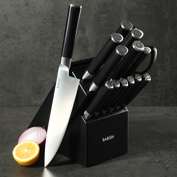 Babish High-Carbon 1.4116 German Steel 15 Piece Full Tang Forged Cutlery Kitchen Knife Block Set - Black