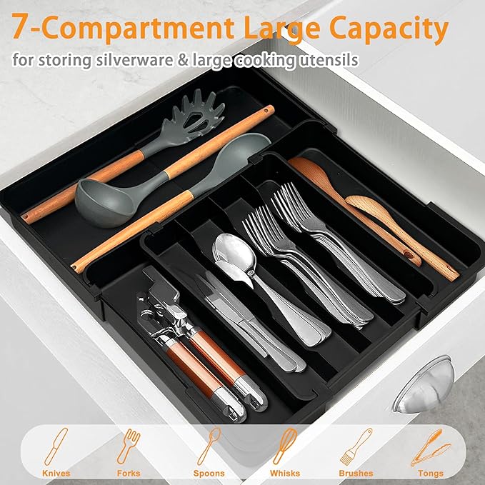 Homecor Silverware Organizer Expandable Kitchen Drawer Organizer with 7 Slots, BPA Free Cutlery Utensil Drawer Organizer, Kitchen Utensil Storage Tray for Forks Knives Spoons, Anti-Slip, Black