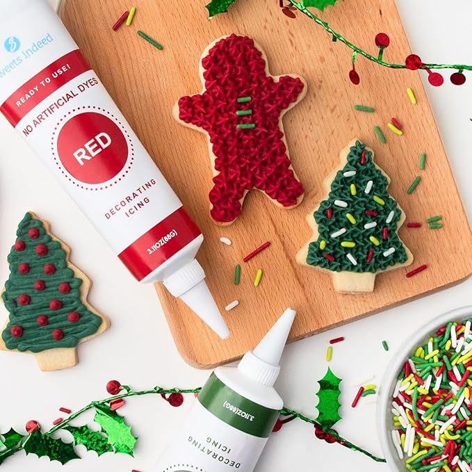 Sweets Indeed Dye-Free Holiday Frosting & Decorating Kit – 8.21 oz | Red & Green Frosting Tubes with 2 Piping Tips and 2 oz Dye-Free Sprinkle Mix | Christmas Cookie Decorating & Holiday Baking Set