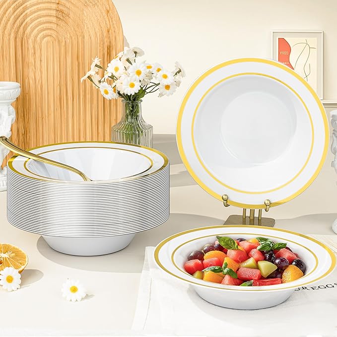 BESTVIP 100 Pack Plastic Bowls with Gold Rim, 12 oz Disposable Soup Bowls, Heavy-duty Dessert Salad Bowl for Party, Wedding, Christmas, Thanksgiving, Dinner, Catering