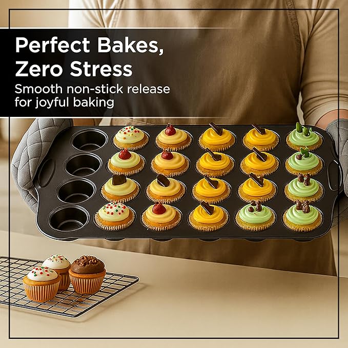 Wrenbury Mini Muffin Pan Non Toxic Set of 2 - Non Stick 24 Cup Small Cupcake Tray for Baking Joyful Bites - Dishwasher Friendly - Health Conscious Baking - 1.8" Cup