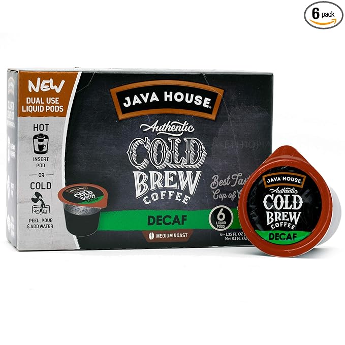 Java House Single-Serve Cold Brew Coffee Pods – Premium 100% Arabica Liquid Concentrate – Smooth & Bold Decaf Roast – 6 Pods – Ready Hot or Iced, Travel-Friendly, TSA Approved
