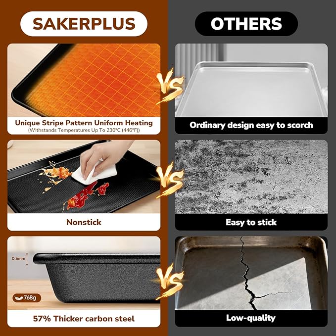 Nonstick Baking Sheet Pan Set of 3, Heavy Duty Cookie Sheets for Oven, 0.6mm Thick Quarter Size & Half Size & Jelly Roll Pan, Rustproof & Easy Clean with Textured Surface(Black)