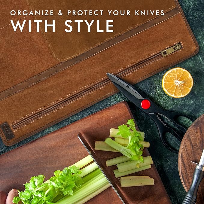 ELIZO Leather Knife Roll Bag Professional Chef Knife Case, Durable Knife Sheath Holder, Cooks & Culinary Tools Carrying Storage, Portable Knife Wrap - 4 Slots (Saddle BuckEye)